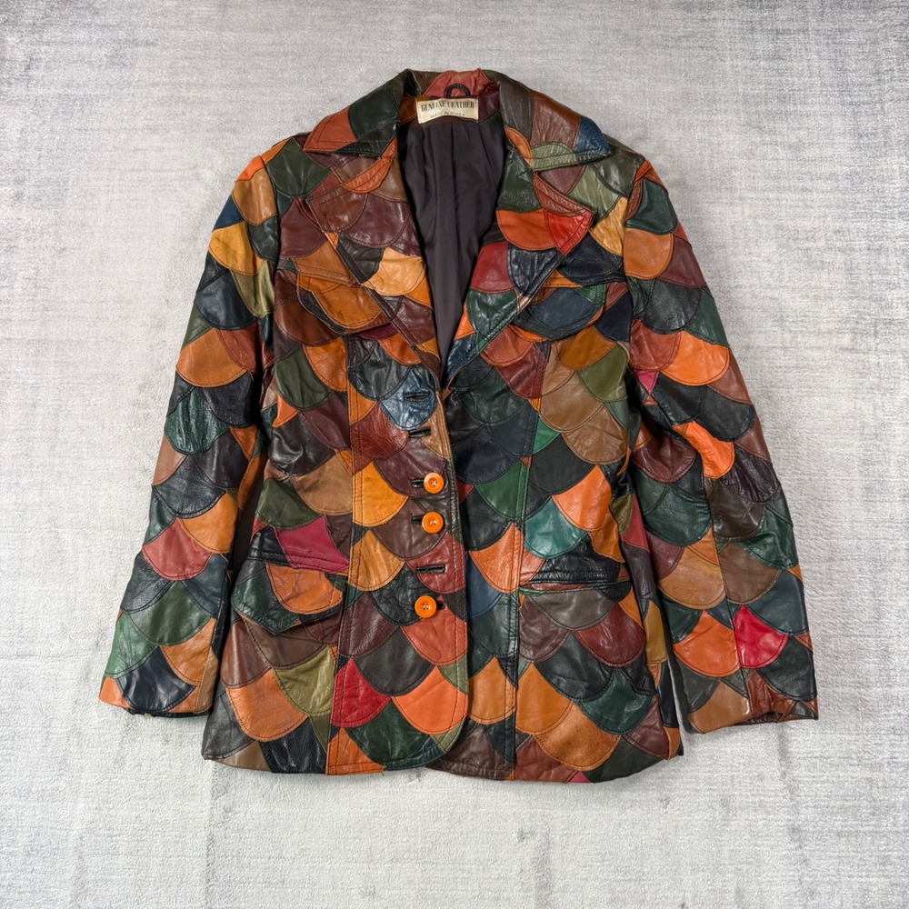 Vintage Leather Jacket Womena Large Brown Patchwork Scalloped Boho 70s Coat